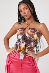 Forever 21 Women's Tropical Mesh Halter Top Brown/Multi