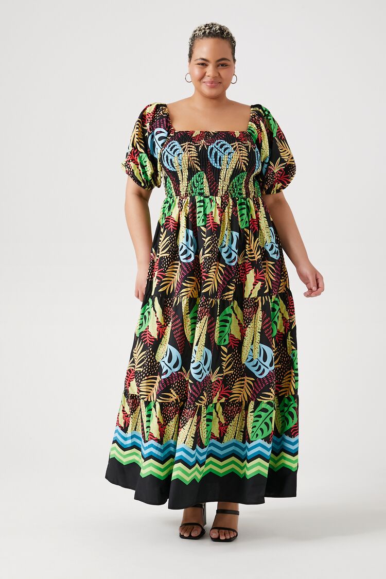 Forever 21 Plus Women's Tropical Print Maxi Long Dress Black/Multi