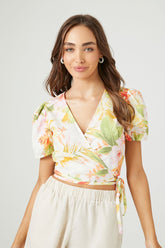 Forever 21 Women's Floral Short-Sleeve Wrap Crop Top White/Multi