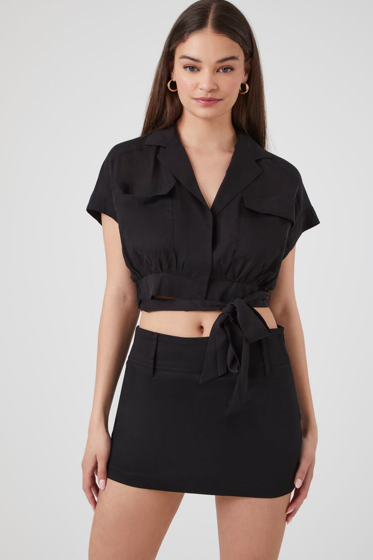 Forever 21 Women's Chambray Tie-Hem Crop Top Black