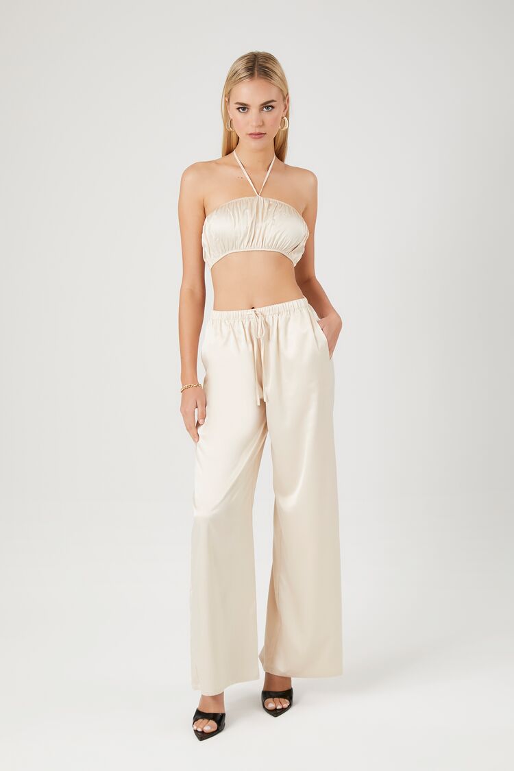 Forever 21 Women's Satin Crop Top & Pants Set Cream