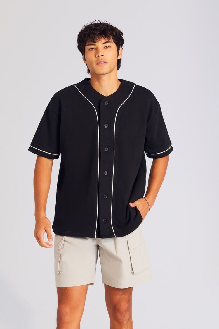 Forever 21 Men's French Terry Baseball Jersey Black/White