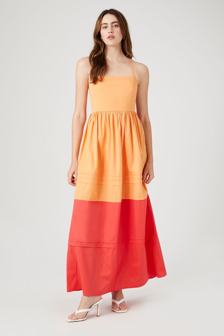 Forever 21 Women's Colorblock Crisscross Cami Maxi Long Dress Cantaloupe/Cayenne