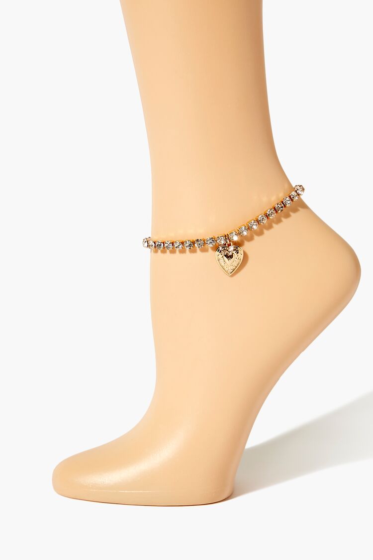 Forever 21 Women's Rhinestone Heart Charm Anklet Gold/Clear