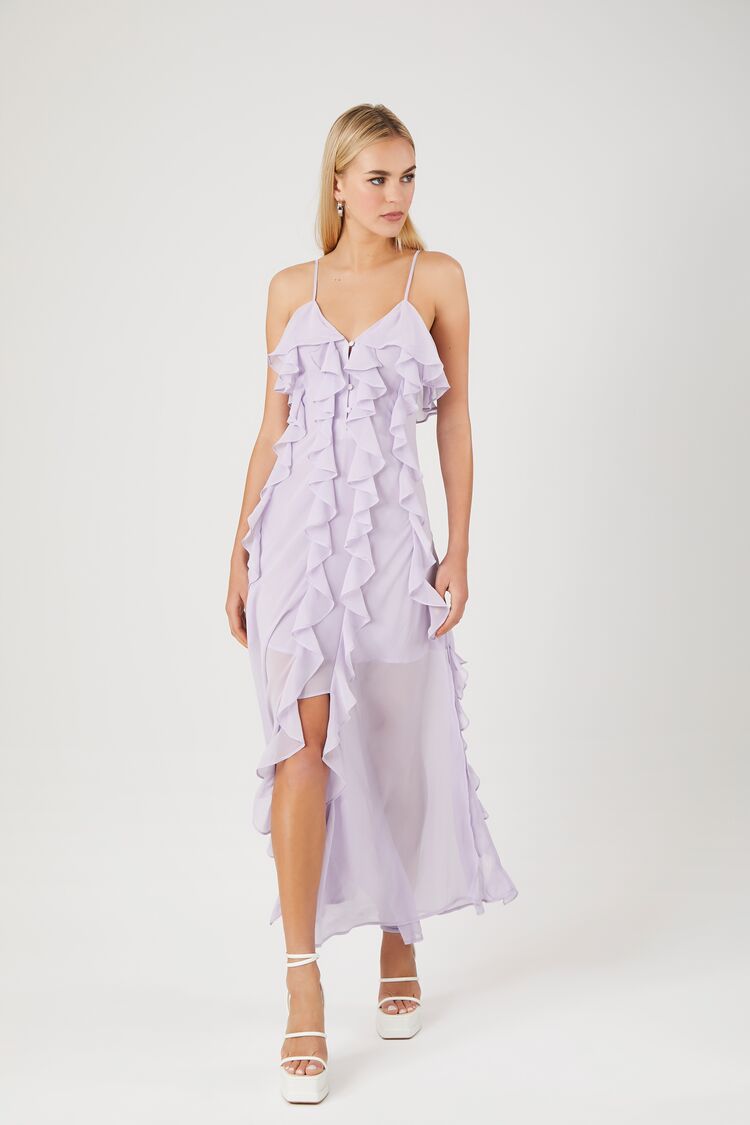 Forever 21 Women's Chiffon Ruffle Maxi Long Dress Dusty Lavender