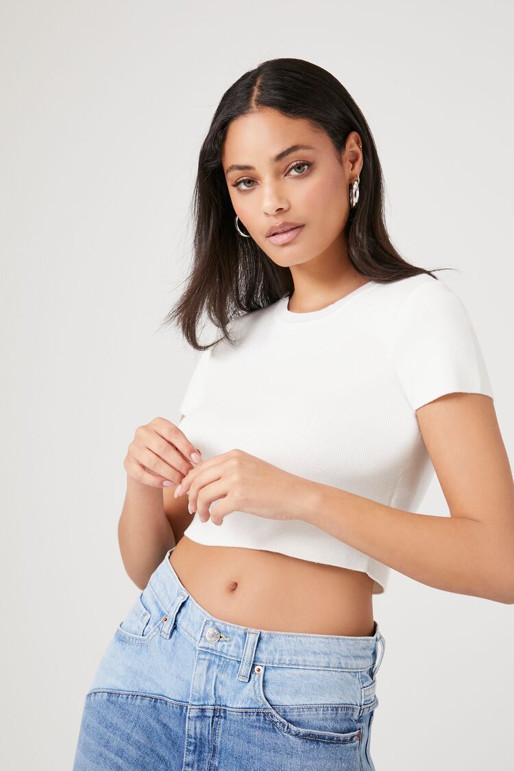 Forever 21 Women's Sweater-Knit Cropped T-Shirt White