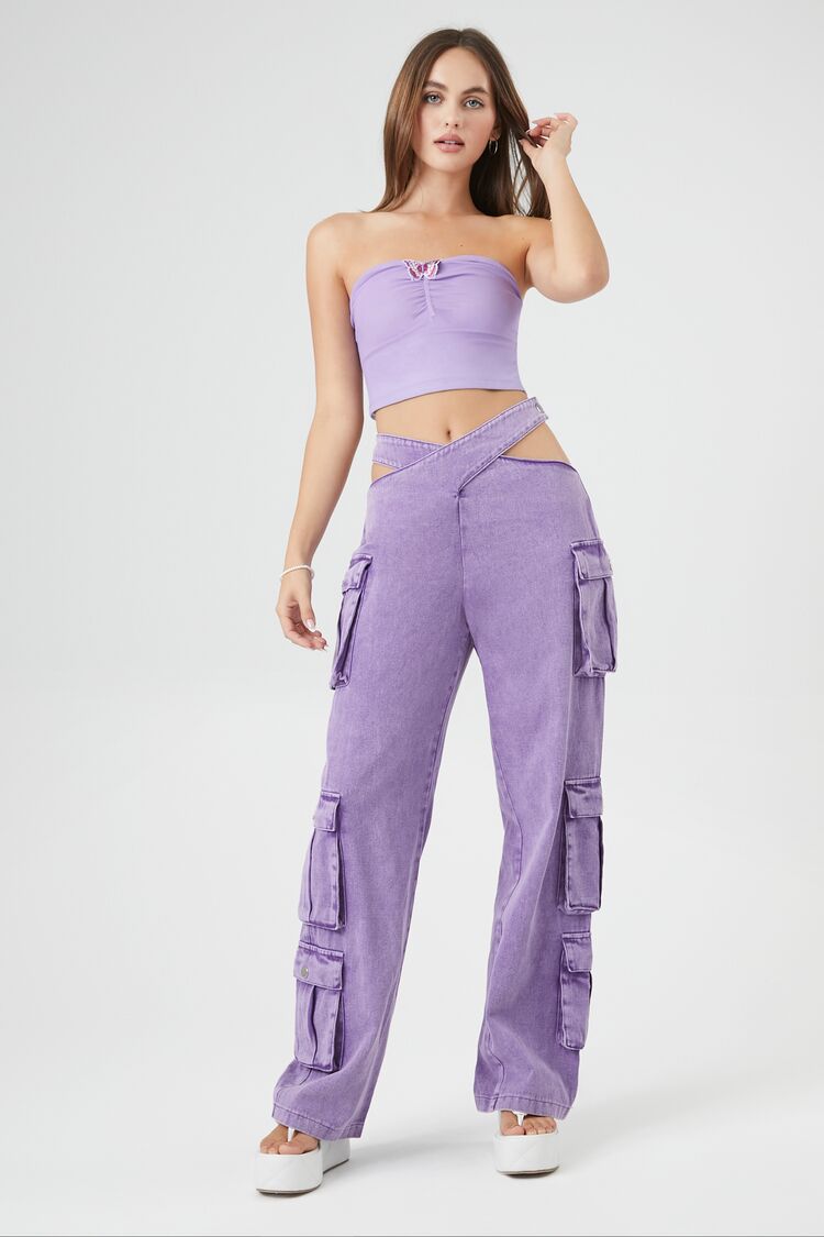 Forever 21 Women's Cutout Crisscross Twill Cargo Pants Jacaranda