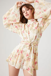 Forever 21 Women's Floral Print Bell-Sleeve Romper Ivory/Multi