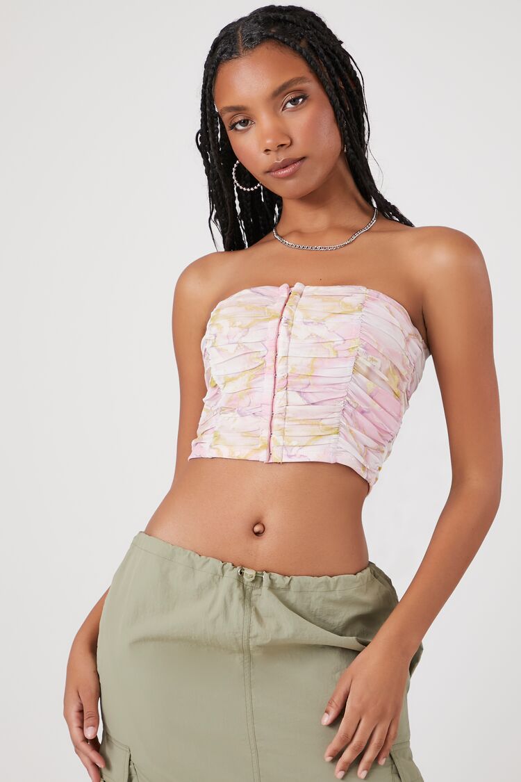 Forever 21 Women's Marble Print Cropped Tube Top Light Pink/Multi