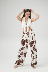 Forever 21 Women's Satin Wide-Leg Tropical Leaf Pants Sienna/Multi