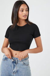 Forever 21 Women's Ribbed Curved-Hem Baby T-Shirt Black