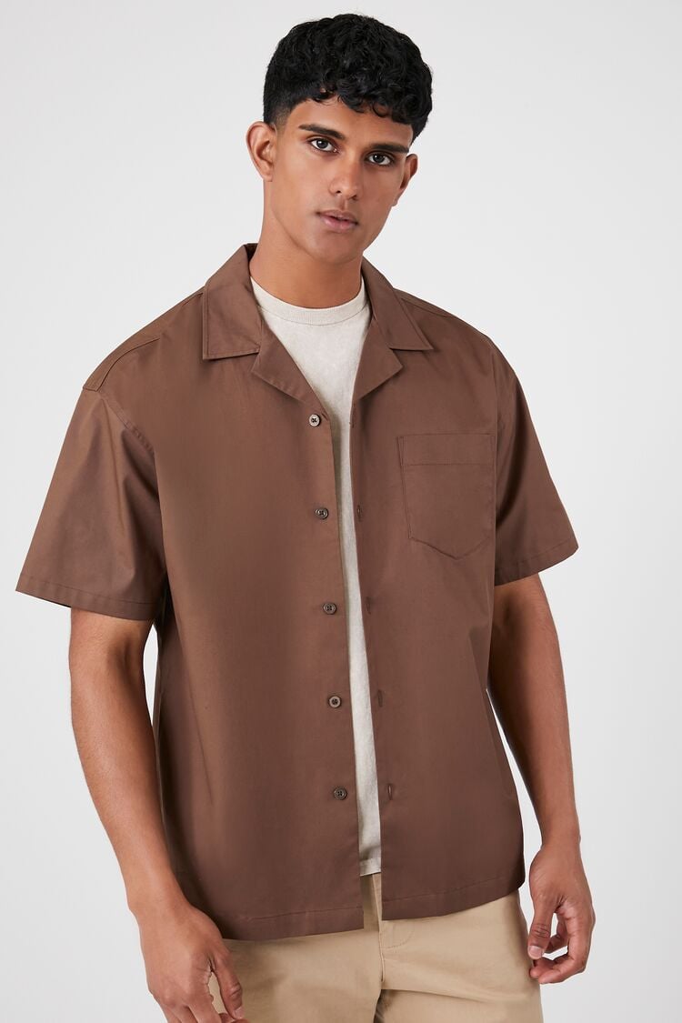 Forever 21 Men's Poplin Short-Sleeve Shirt Cocoa