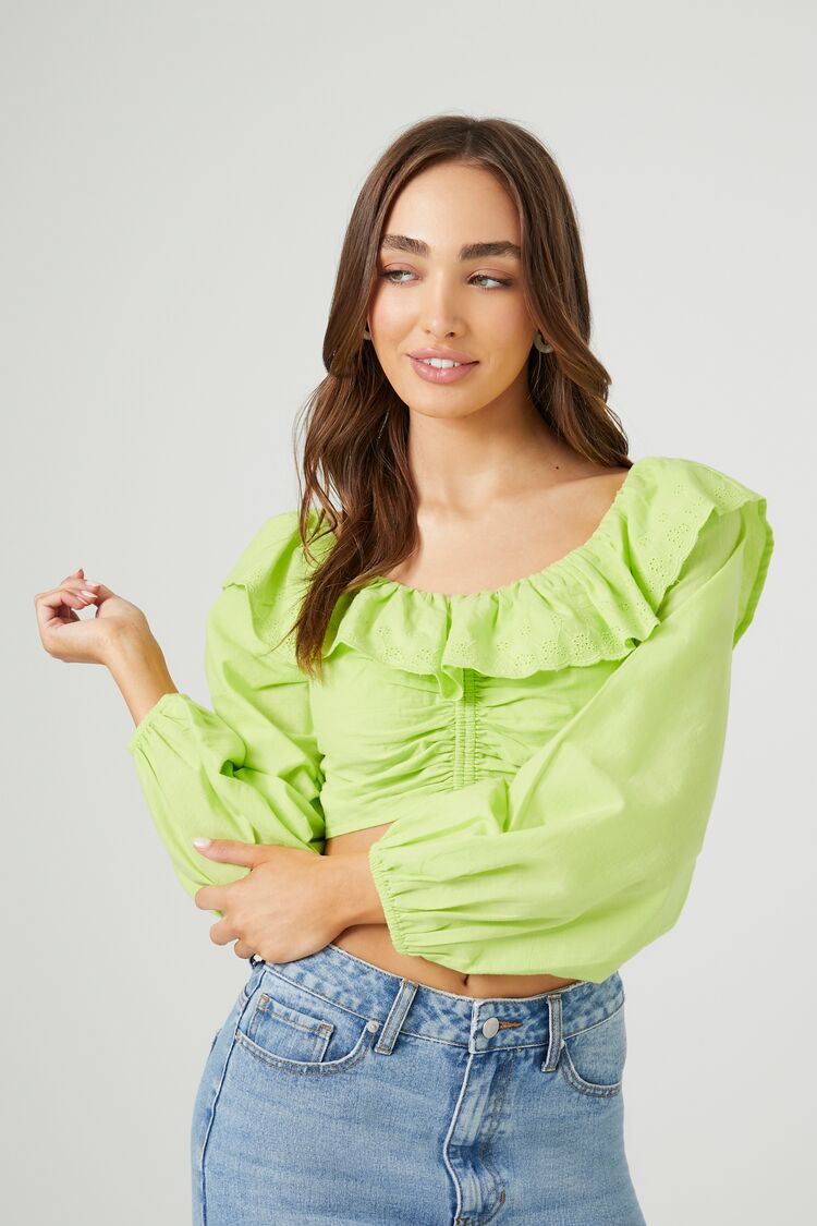 Forever 21 Women's Off-the-Shoulder Ruffle Eyelet Top Honeydew