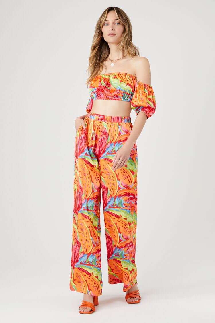 Forever 21 Women's Satin Tropical Leaf Print Pants Red/Multi