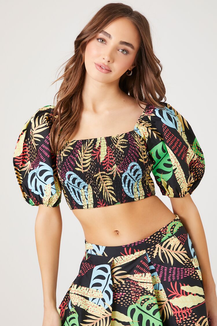 Forever 21 Women's Tropical Print Puff-Sleeve Crop Top Black/Multi