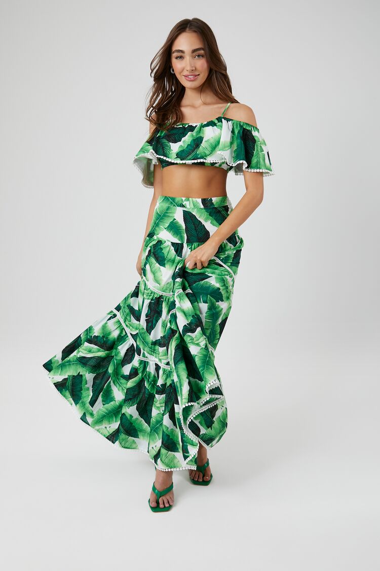 Forever 21 Women's Tiered Tropical Leaf Maxi Skirt Ivory/Green