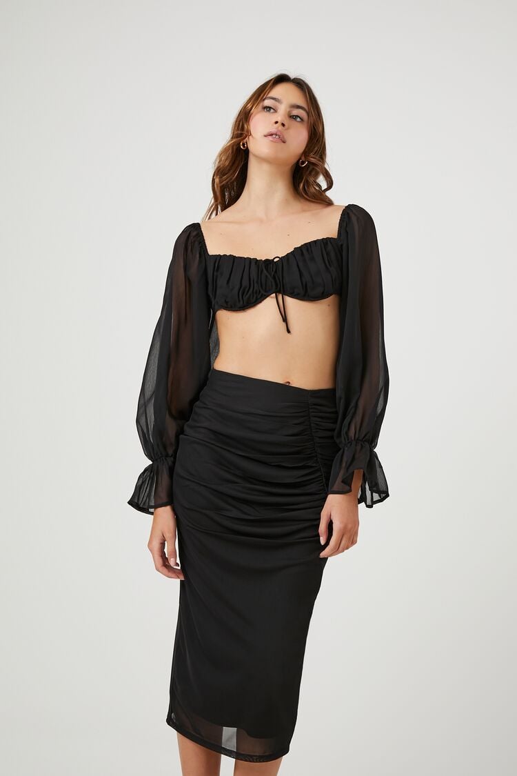 Forever 21 Women's Mesh Ruched Midi Skirt Black