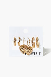 Forever 21 Women's Quilted Heart Hoop Earring Set Gold