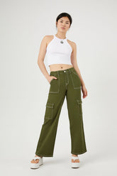 Forever 21 Women's Twill Contrast-Trim Cargo Pants Cypress