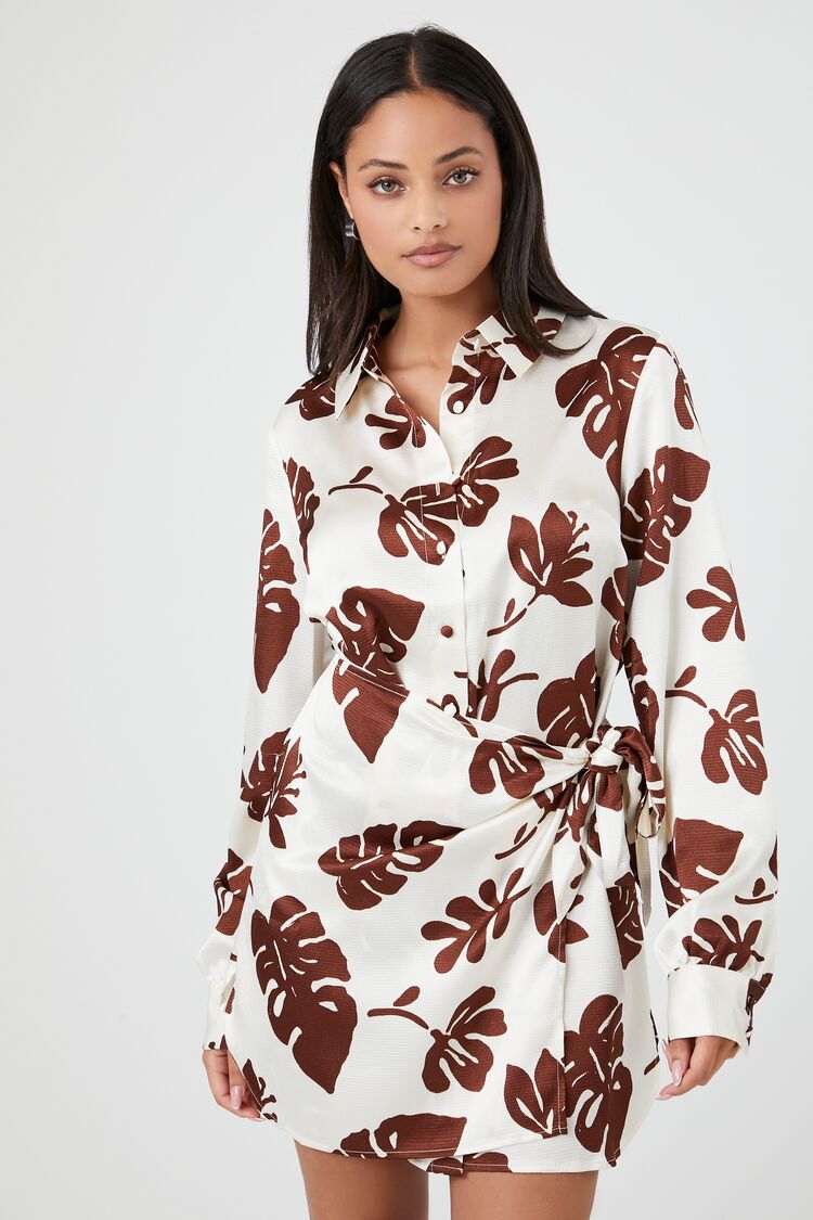 Forever 21 Women's Satin Tropical Print Mini Shirt Dress Brown/Multi