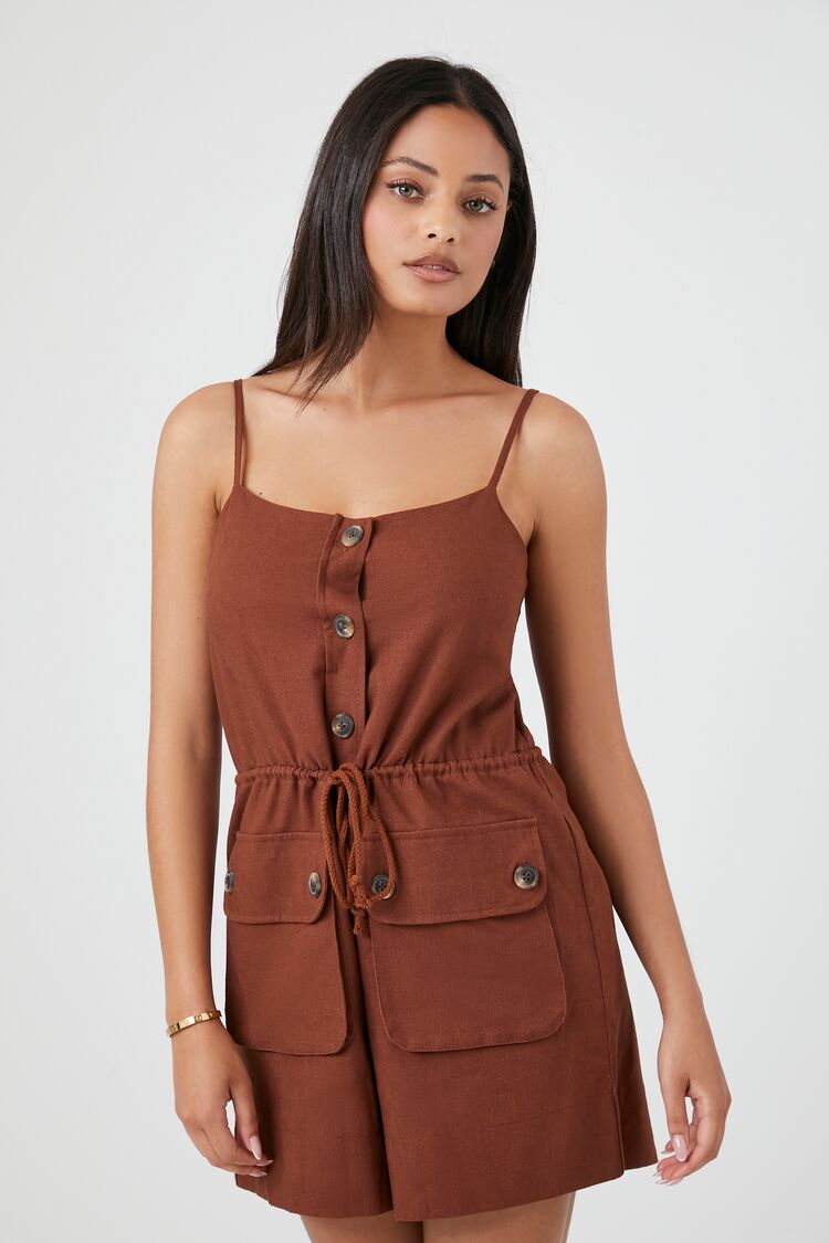 Forever 21 Women's Drawstring Button-Front Romper Cappuccino