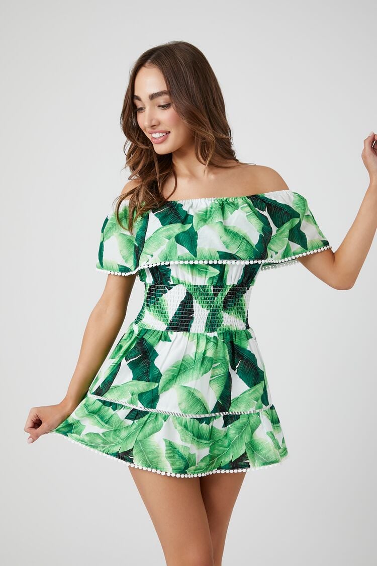 Forever 21 Women's Off-the-Shoulder Tropical Leaf Mini Spring/Summer Dress Green/Multi