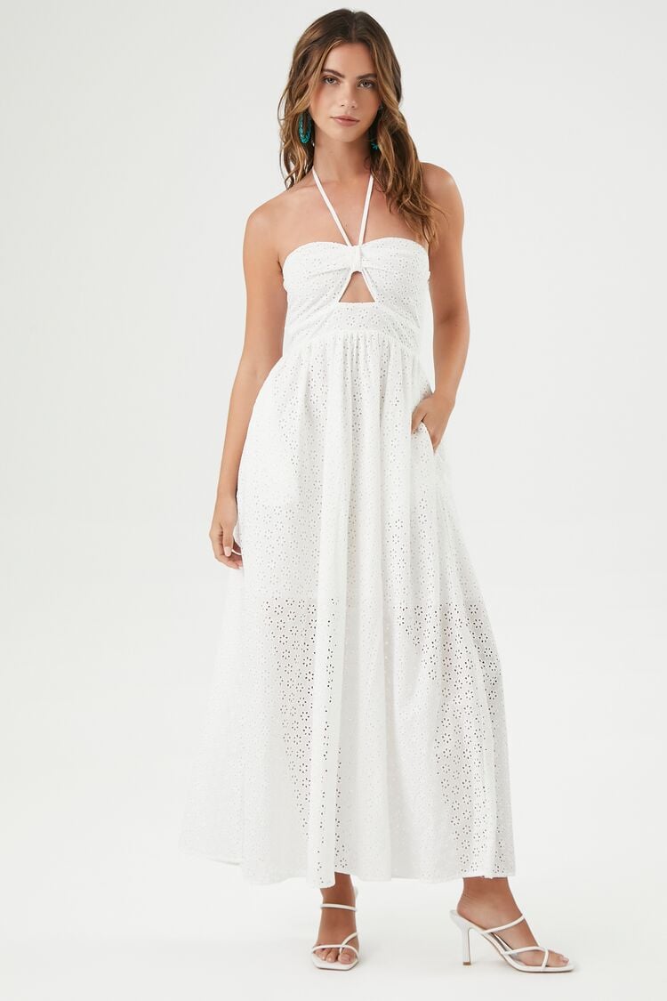 Forever 21 Women's Eyelet Cutout Halter Maxi Long Spring/Summer Dress White