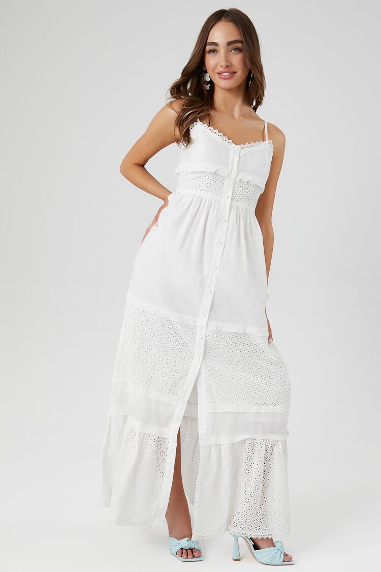 Forever 21 Women's Lace-Trim Eyelet Maxi Long Dress White