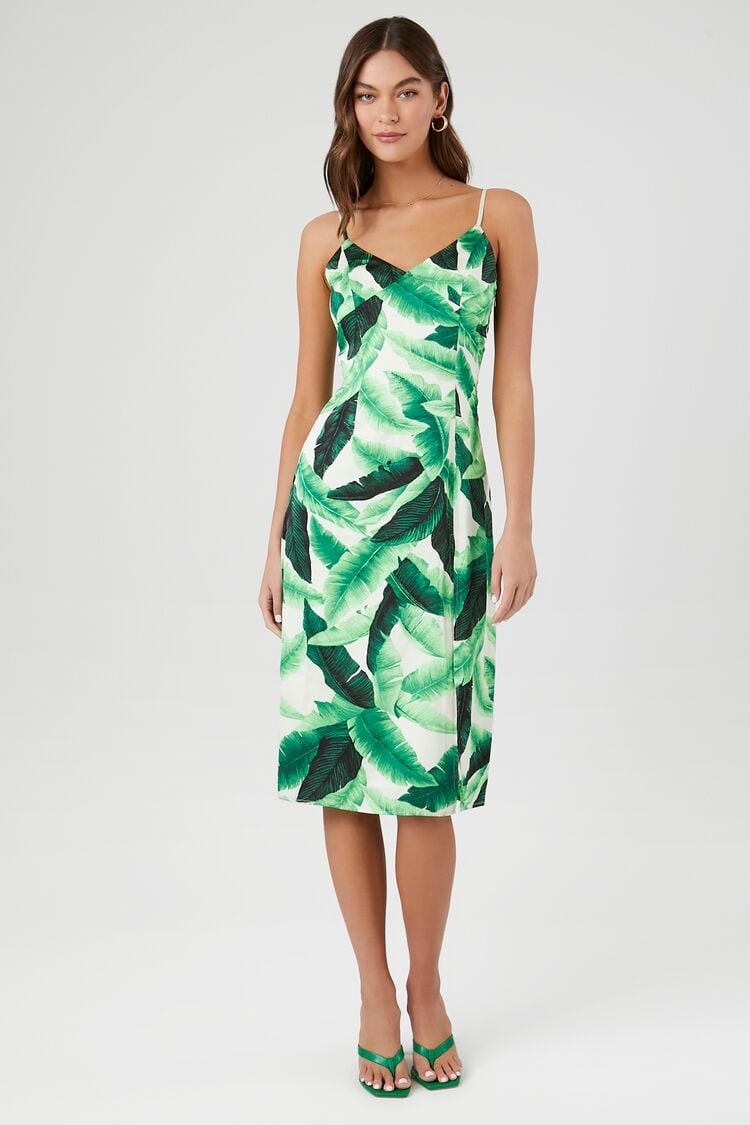 Forever 21 Women's Twist-Back Tropical Leaf Midi Spring/Summer Dress Green/Multi