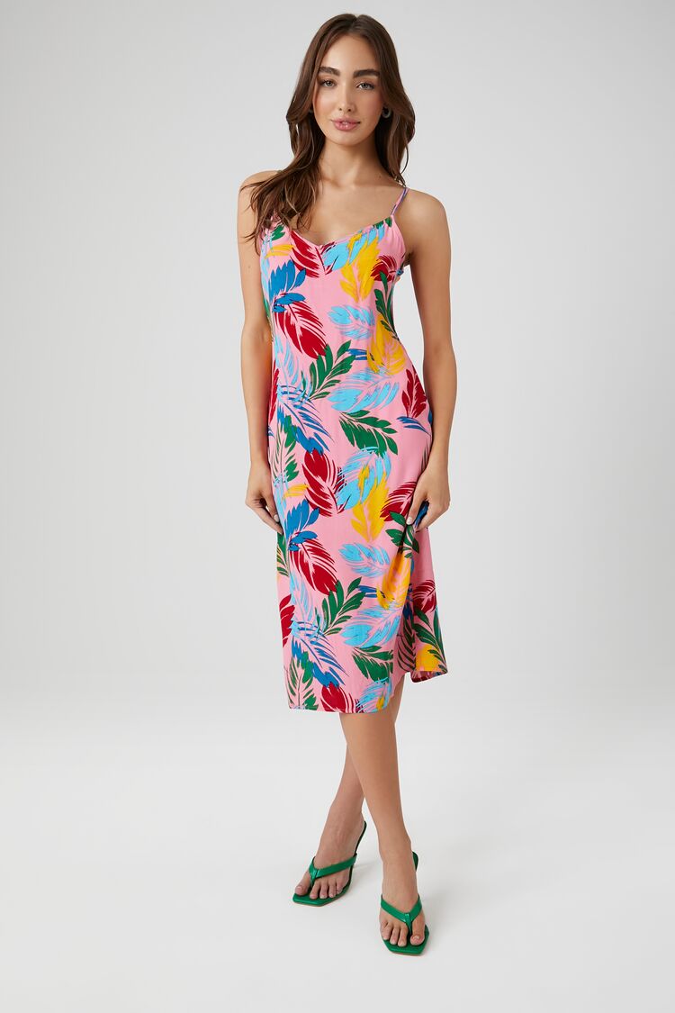 Forever 21 Women's Tropical Leaf Print Midi Dress Pink/Multi