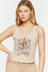 Forever 21 Women's Self Love Graphic Lace-Trim Tank Top Light Brown