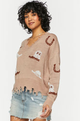 Forever 21 Knit Women's Sharkbite Cowboy Graphic Sweater Tan/Multi