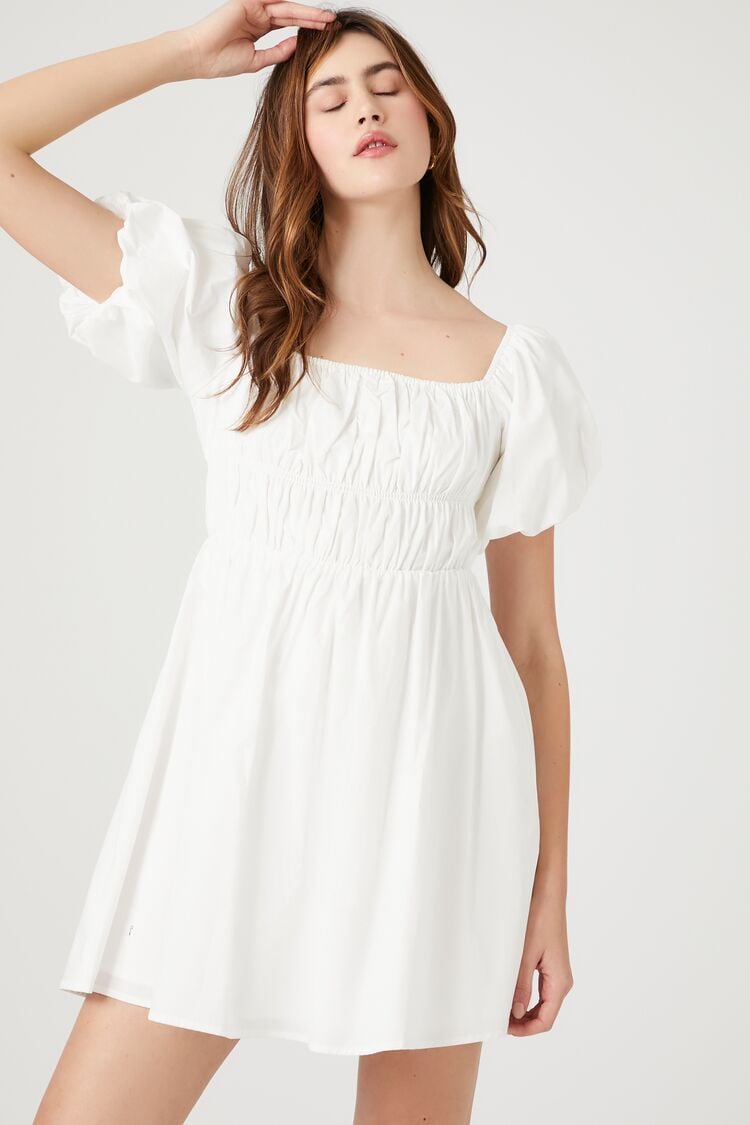 Forever 21 Women's Poplin Peasant Mini Spring/Summer Dress White