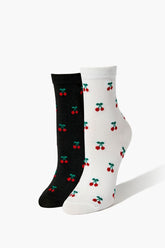 Forever 21 Women's Cherry Print Crew Socks Set Black/White