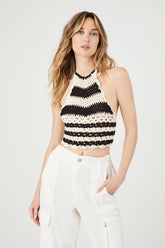 Forever 21 Women's Striped Crochet Sweater-Knit Halter Top Black/White