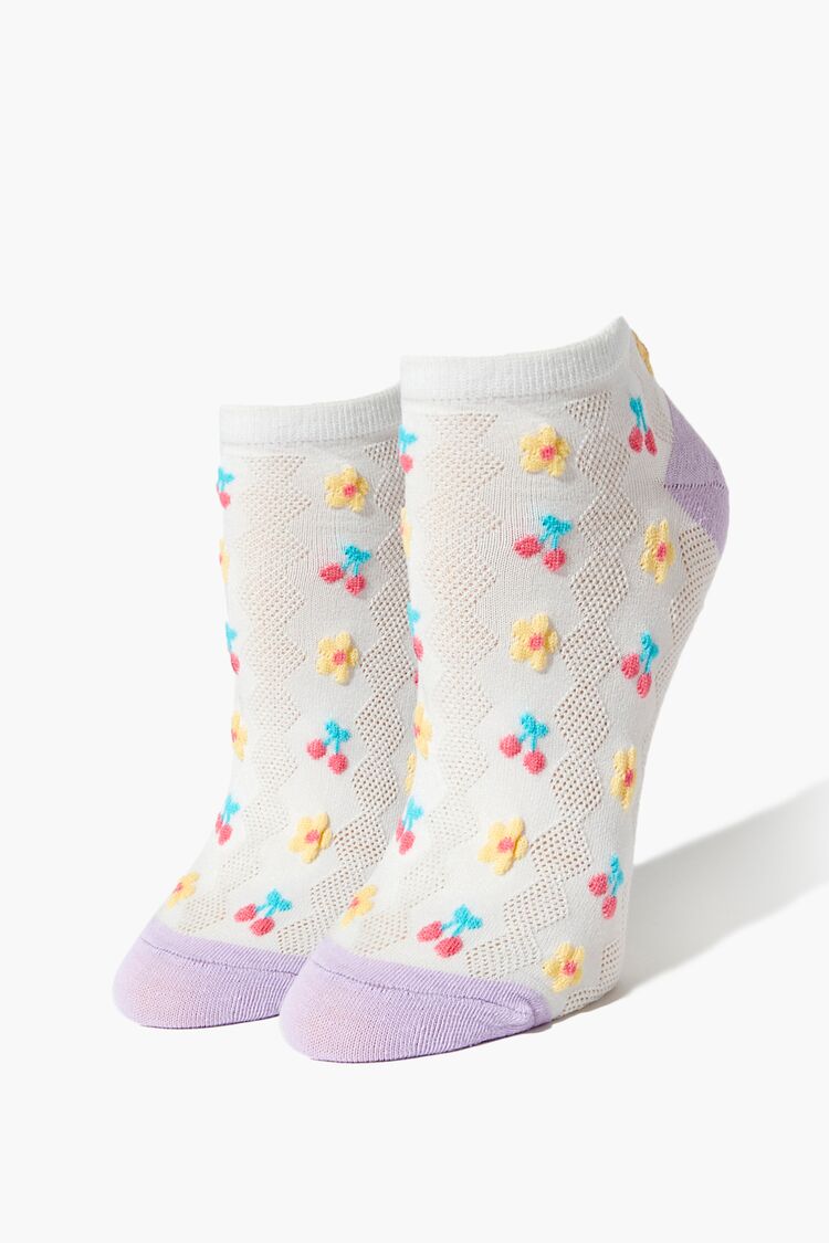 Forever 21 Women's Cherry & Flower Print Ankle Socks White/Multi