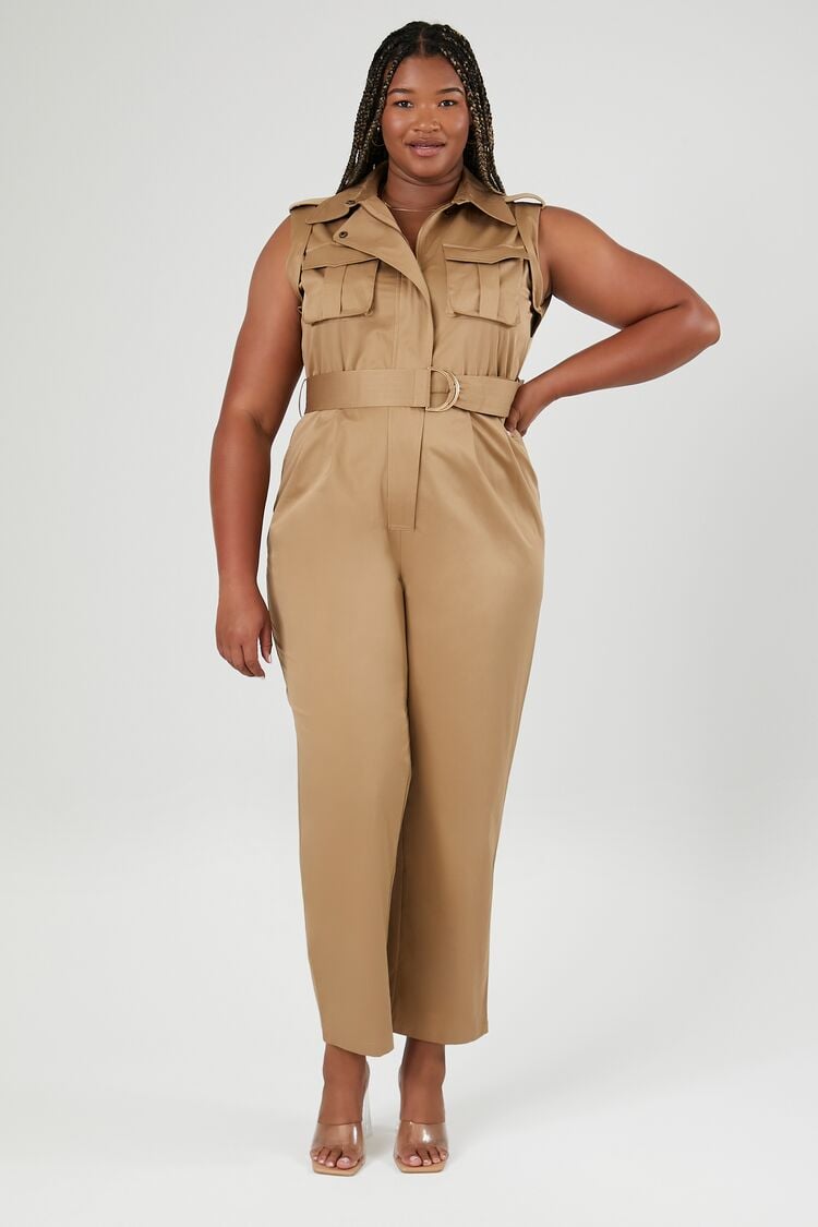Forever 21 Plus Women's Belted Cargo Jumpsuit Sand