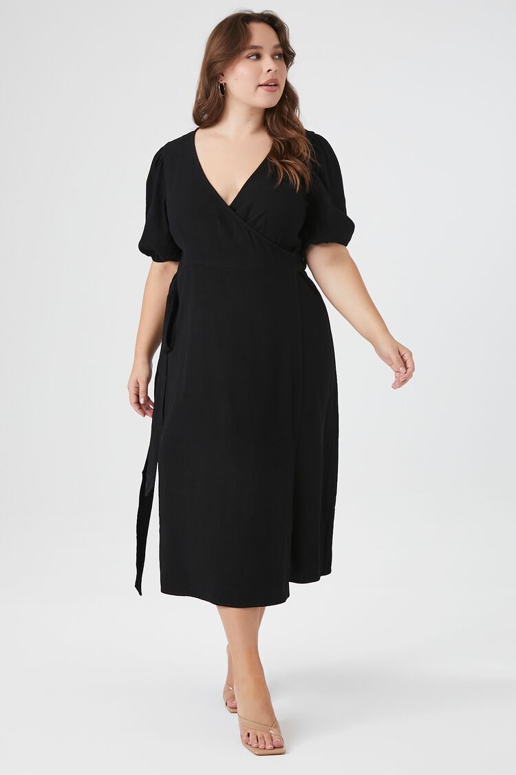 Forever 21 Plus Women's Puff-Sleeve Midi Wrap Dress Black