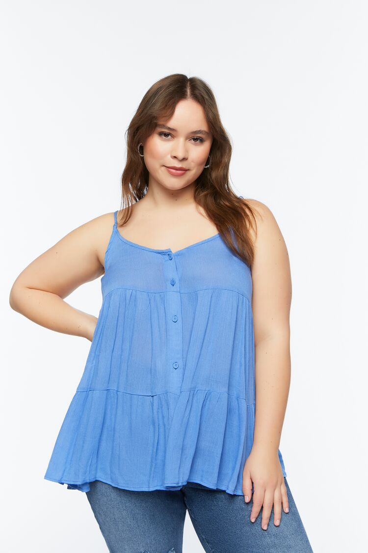 Forever 21 Plus Women's Button-Front Flowy Tiered Cami Blue