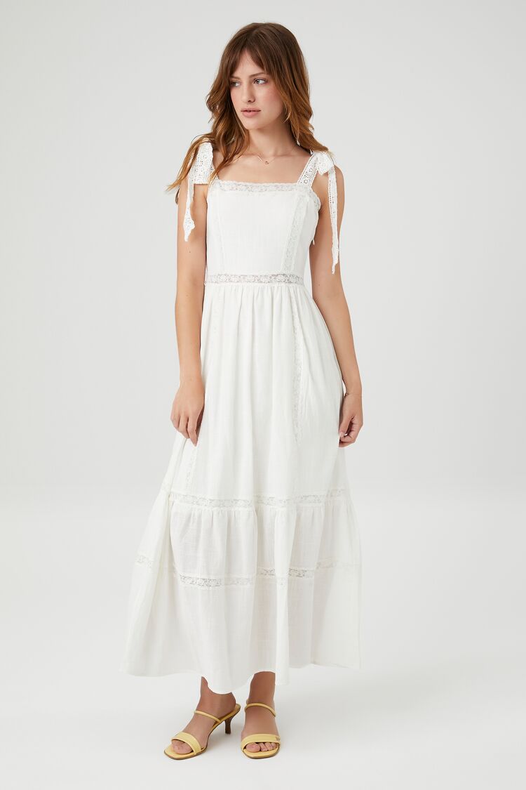 Forever 21 Women's Lace-Trim Tie-Strap Maxi Long Spring/Summer Dress White