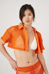 Forever 21 Women's Sheer Netted Cropped Shirt Sunset