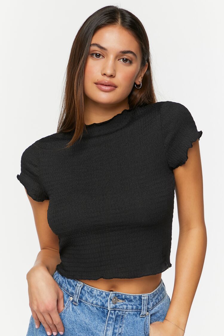 Forever 21 Women's Smocked Mock Neck Crop Top Black