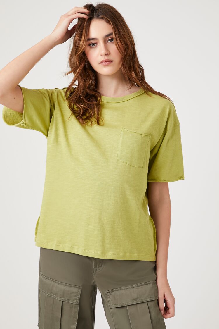 Forever 21 Women's Relaxed Raw-Cut Pocket T-Shirt Olive