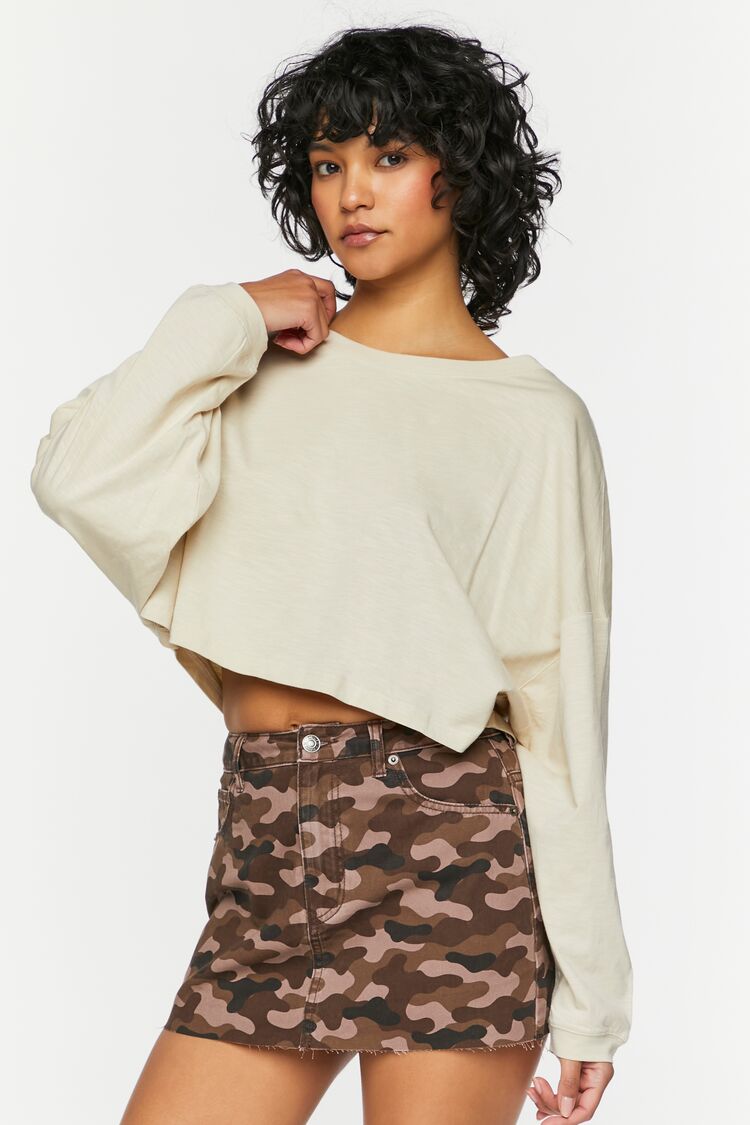 Forever 21 Women's Boxy Long-Sleeve Cropped T-Shirt Khaki