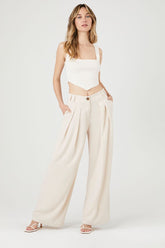 Forever 21 Women's Crepe High-Rise Wide-Leg Pants Cream