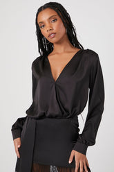 Forever 21 Women's Satin Surplice Bodysuit Black