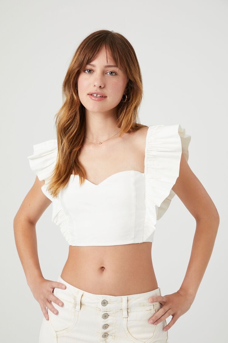 Forever 21 Women's Butterfly-Sleeve Sweetheart Crop Top Ivory