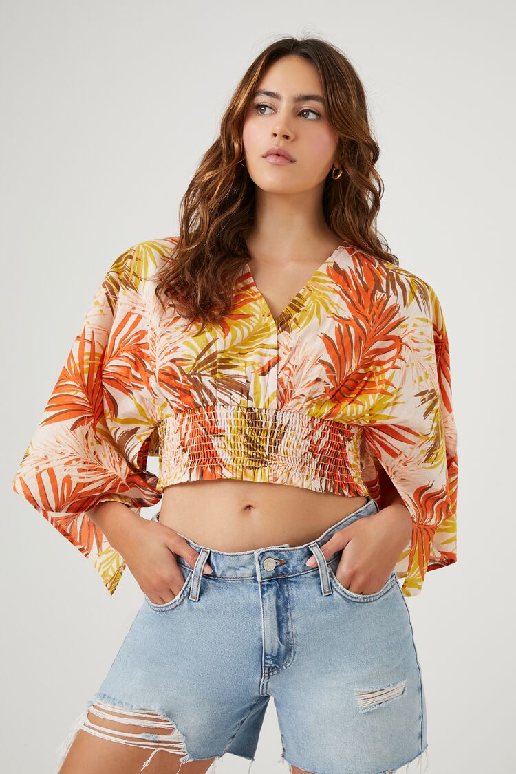 Forever 21 Women's Tropical Floral Print Crop Top Cream/Multi