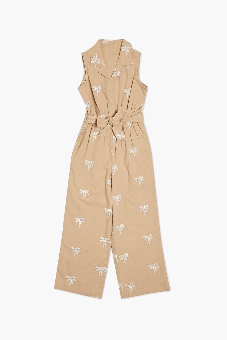 Forever 21 Girls Palm Tree Print Jumpsuit (Kids) Tan/Cream