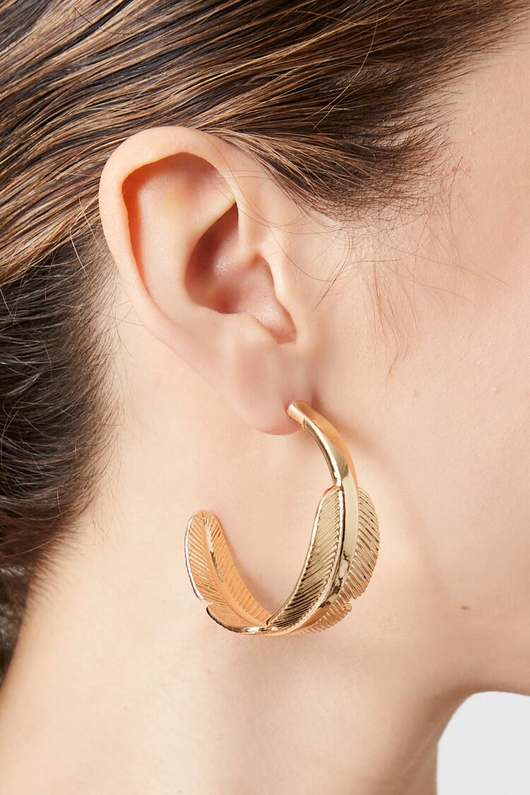 Forever 21 Women's Feather Hoop Earrings Gold